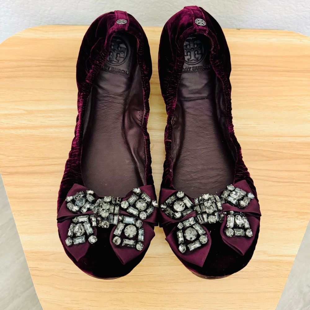 Tory Burch Burgundy Flats with Embellished Bow